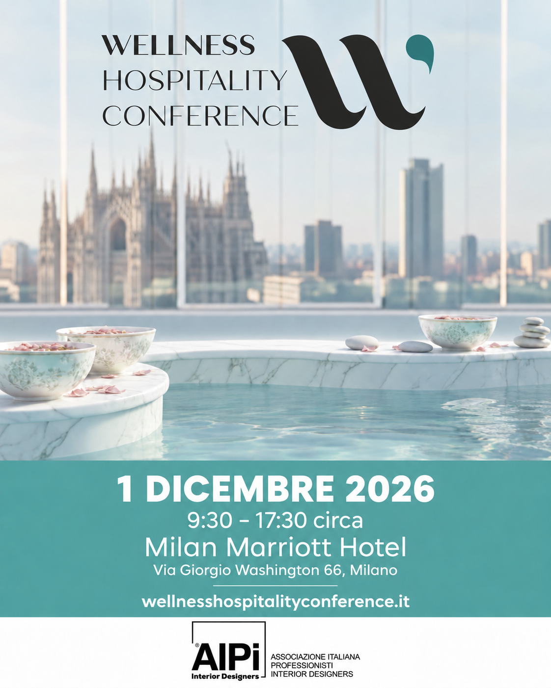 Locandina Wellness Hospitality Conference, 1 dicembre 2026 al Milan Marriott Hotel, con logo AIPi.